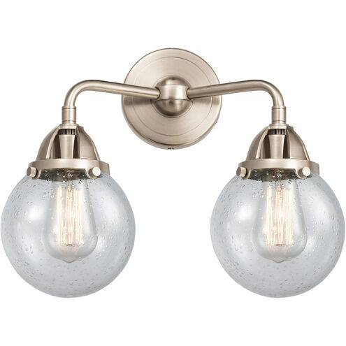Nouveau 2 Beacon 2 Light 14 inch Brushed Satin Nickel Bath Vanity Light Wall Light in Seedy Glass